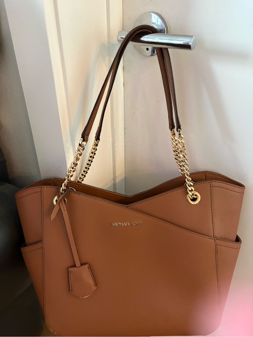 Michael Kors Cognac Leather Tote with Gold Chain Straps